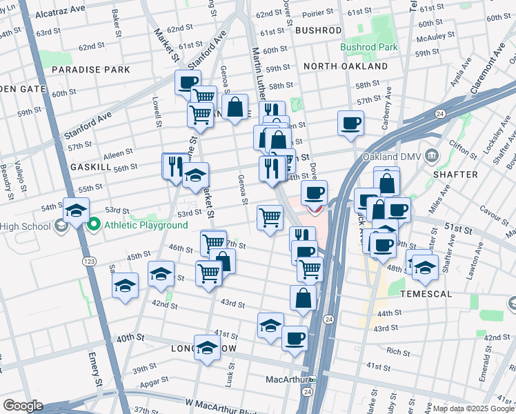 map of restaurants, bars, coffee shops, grocery stores, and more near in Oakland