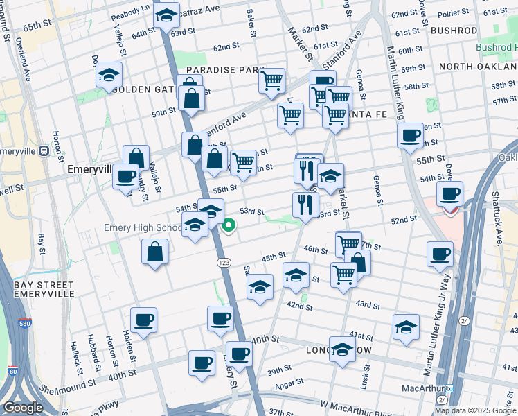 map of restaurants, bars, coffee shops, grocery stores, and more near 1026 53rd Street in Oakland