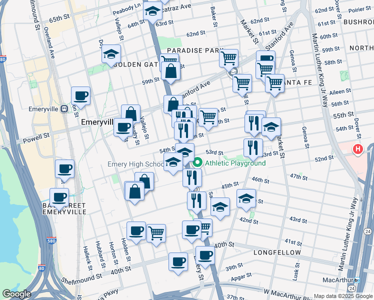 map of restaurants, bars, coffee shops, grocery stores, and more near in Emeryville
