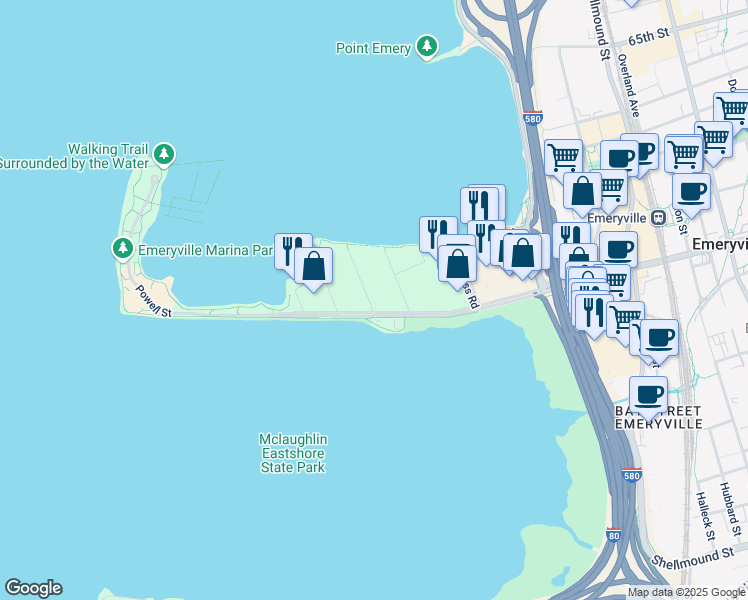 map of restaurants, bars, coffee shops, grocery stores, and more near 3 Captain Drive in Emeryville