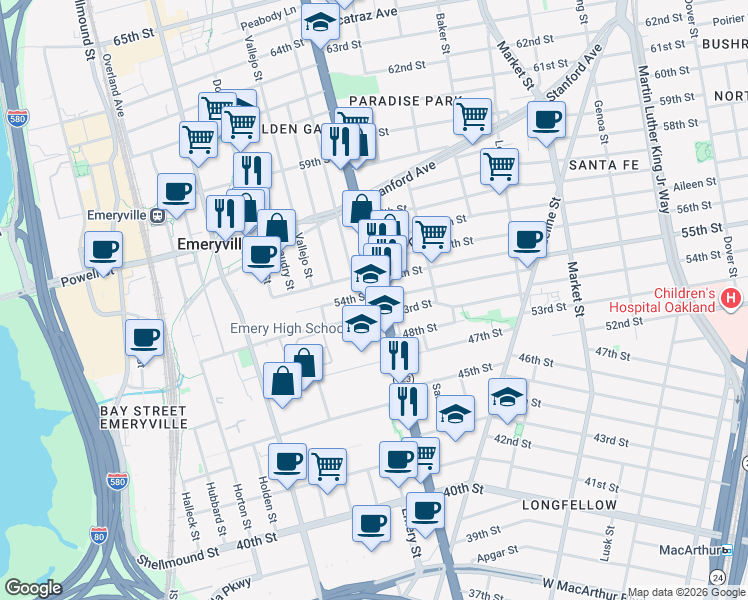 map of restaurants, bars, coffee shops, grocery stores, and more near 2 San Pablo Avenue in Oakland