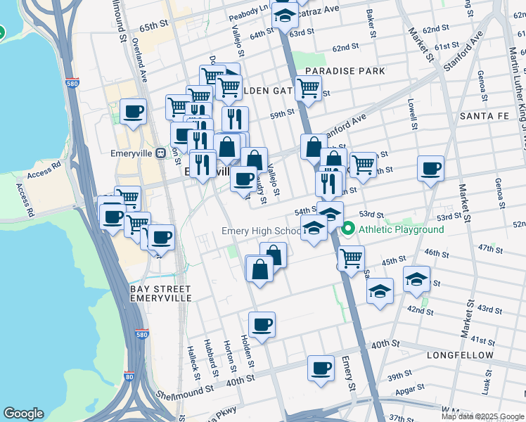 map of restaurants, bars, coffee shops, grocery stores, and more near 1375 55th Street in Emeryville