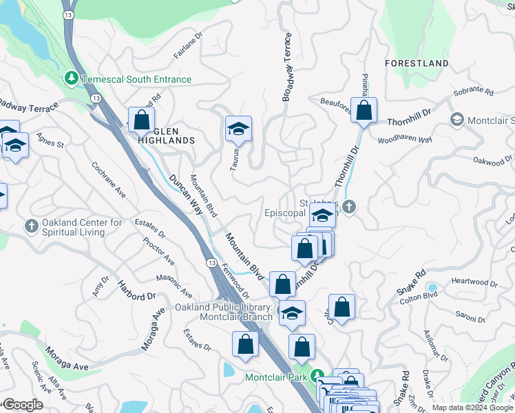 map of restaurants, bars, coffee shops, grocery stores, and more near 433 Capricorn Avenue in Oakland