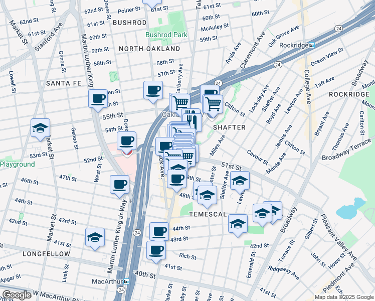 map of restaurants, bars, coffee shops, grocery stores, and more near 5110 Telegraph Avenue in Oakland