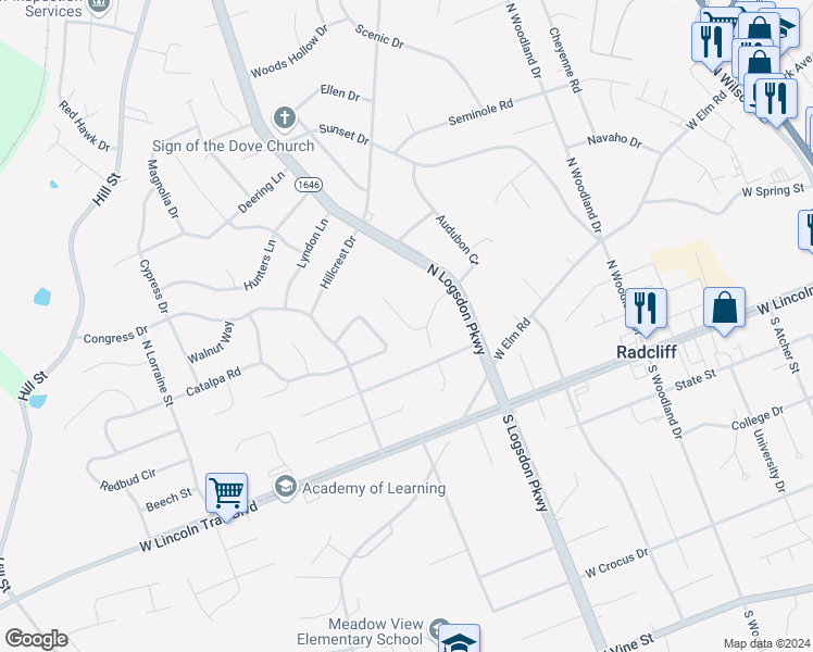 map of restaurants, bars, coffee shops, grocery stores, and more near 309 Sycamore Drive in Radcliff