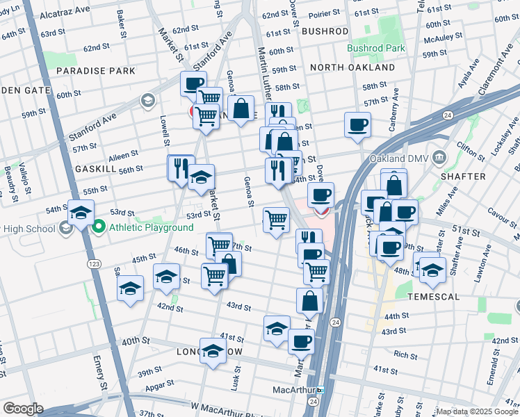 map of restaurants, bars, coffee shops, grocery stores, and more near 835 53rd Street in Oakland