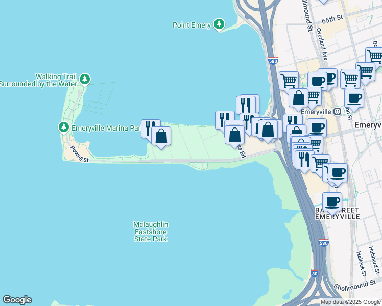 map of restaurants, bars, coffee shops, grocery stores, and more near 2 Commodore Drive in Emeryville