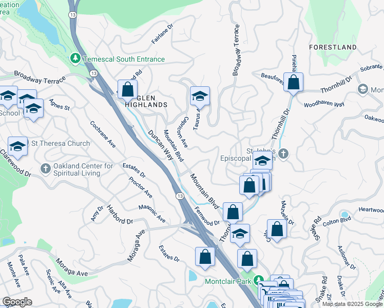 map of restaurants, bars, coffee shops, grocery stores, and more near 5643 Florence Terrace in Oakland