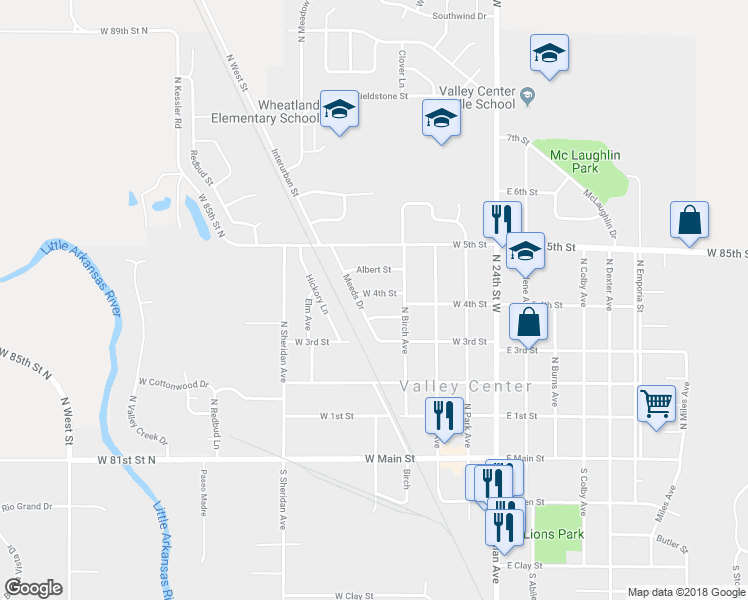 map of restaurants, bars, coffee shops, grocery stores, and more near 501 West 4th Street in Valley Center