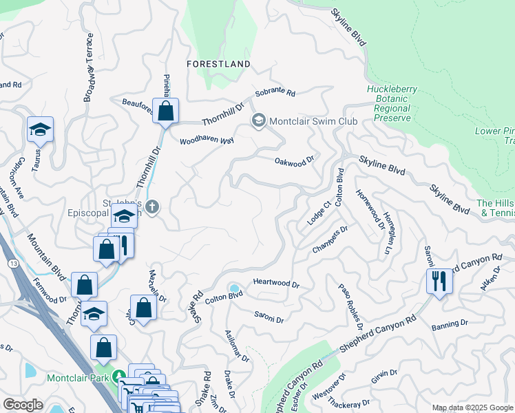 map of restaurants, bars, coffee shops, grocery stores, and more near 6857 Armour Drive in Oakland