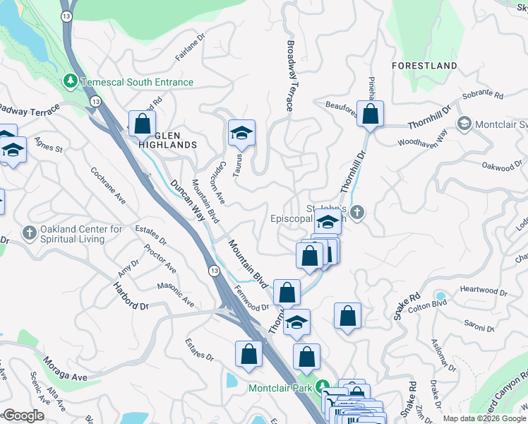 map of restaurants, bars, coffee shops, grocery stores, and more near 433 Capricorn Avenue in Oakland