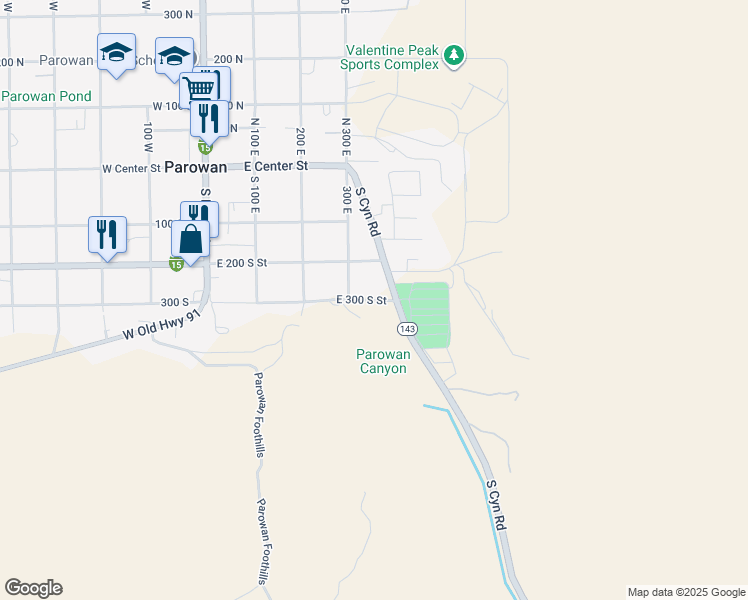 map of restaurants, bars, coffee shops, grocery stores, and more near 390 East 300 South Street in Parowan