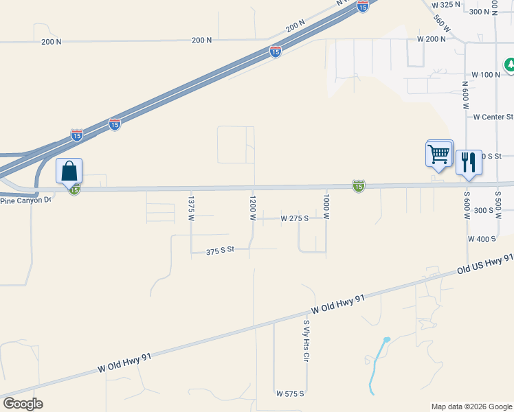 map of restaurants, bars, coffee shops, grocery stores, and more near 256 South 1175 West in Parowan