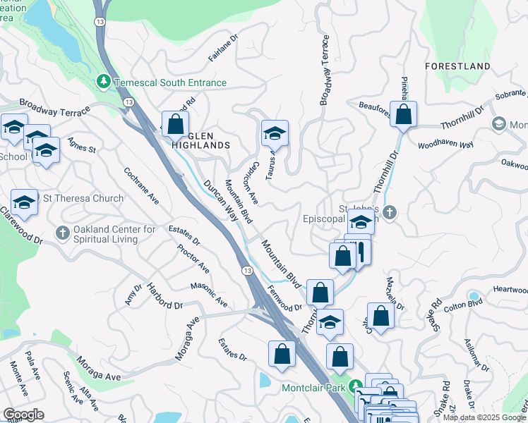 map of restaurants, bars, coffee shops, grocery stores, and more near 5643 Florence Terrace in Oakland