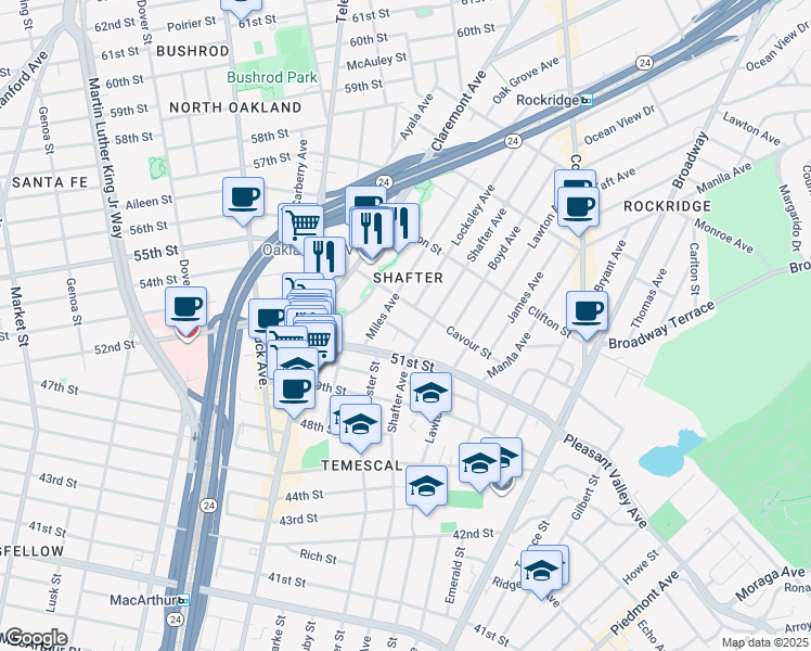 map of restaurants, bars, coffee shops, grocery stores, and more near 431 Avon Street in Oakland