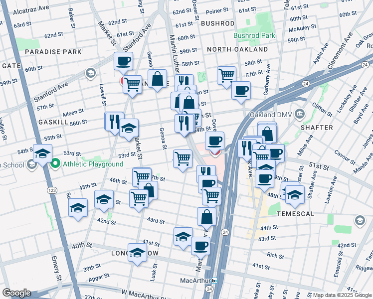 map of restaurants, bars, coffee shops, grocery stores, and more near 5217 West Street in Oakland