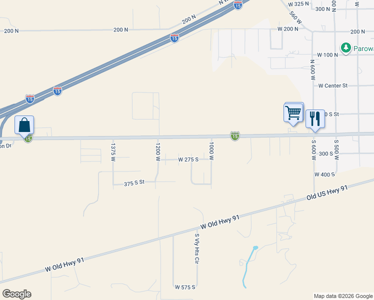 map of restaurants, bars, coffee shops, grocery stores, and more near 267 South 1125 West in Parowan