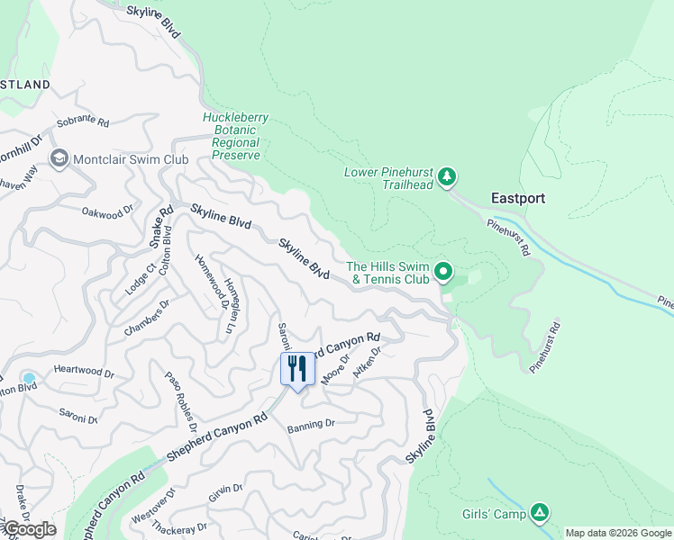 map of restaurants, bars, coffee shops, grocery stores, and more near 7875 Skyline Boulevard in Oakland