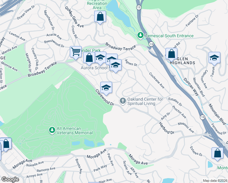 map of restaurants, bars, coffee shops, grocery stores, and more near 4866 Harbord Drive in Oakland