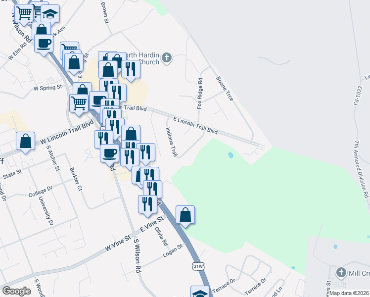 map of restaurants, bars, coffee shops, grocery stores, and more near 262 Indiana Trail in Radcliff