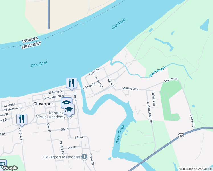 map of restaurants, bars, coffee shops, grocery stores, and more near 307 East Houston Street in Cloverport