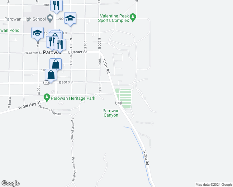 map of restaurants, bars, coffee shops, grocery stores, and more near 834 Canyon Road in Parowan