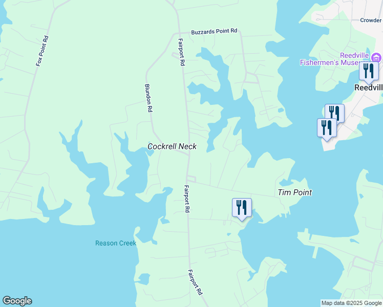 map of restaurants, bars, coffee shops, grocery stores, and more near 1843 Fairport Road in Reedville