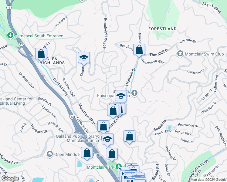 map of restaurants, bars, coffee shops, grocery stores, and more near 5600 Merriewood Drive in Oakland