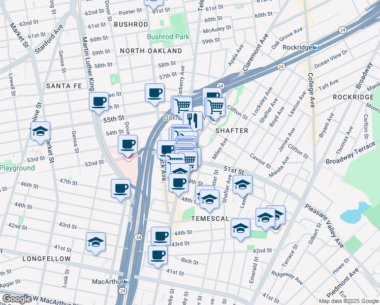 map of restaurants, bars, coffee shops, grocery stores, and more near 5110 Telegraph Avenue in Oakland