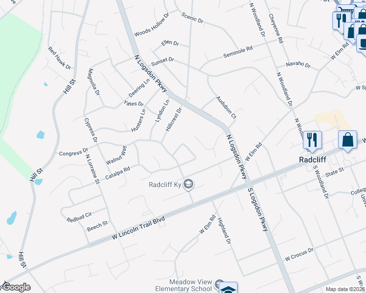 map of restaurants, bars, coffee shops, grocery stores, and more near 100-260 Johns Road East in Radcliff