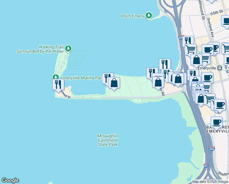 map of restaurants, bars, coffee shops, grocery stores, and more near in Emeryville