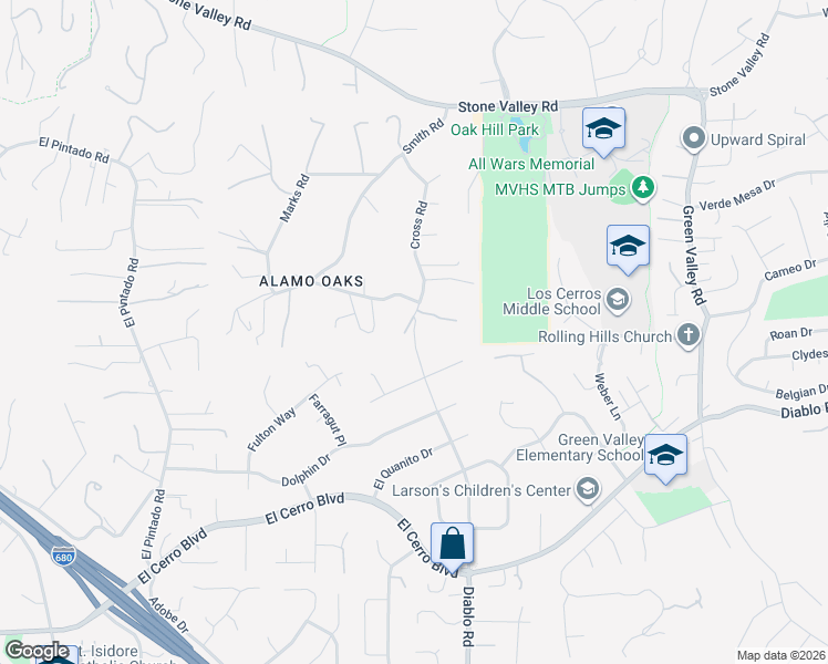 map of restaurants, bars, coffee shops, grocery stores, and more near 313 Cross Road in Alamo