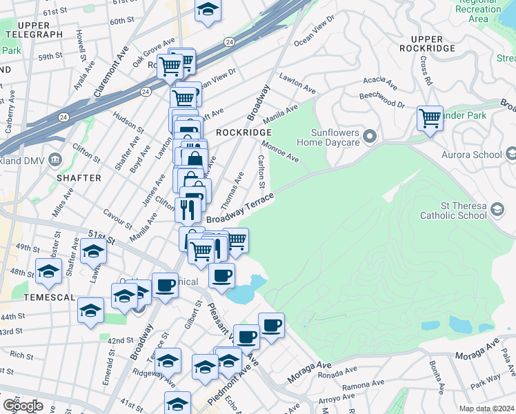 map of restaurants, bars, coffee shops, grocery stores, and more near 5335 Broadway Terrace in Oakland