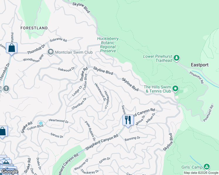 map of restaurants, bars, coffee shops, grocery stores, and more near 1100 Glencourt Drive in Oakland