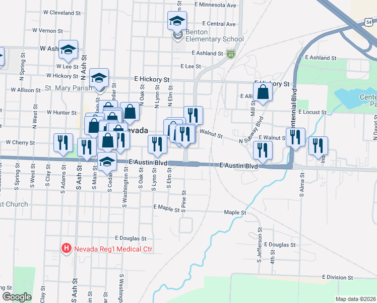 map of restaurants, bars, coffee shops, grocery stores, and more near 606 East Cherry Street in Nevada