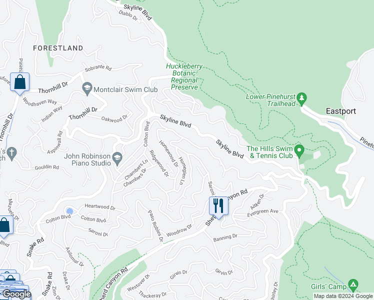 map of restaurants, bars, coffee shops, grocery stores, and more near 1100 Glencourt Drive in Oakland