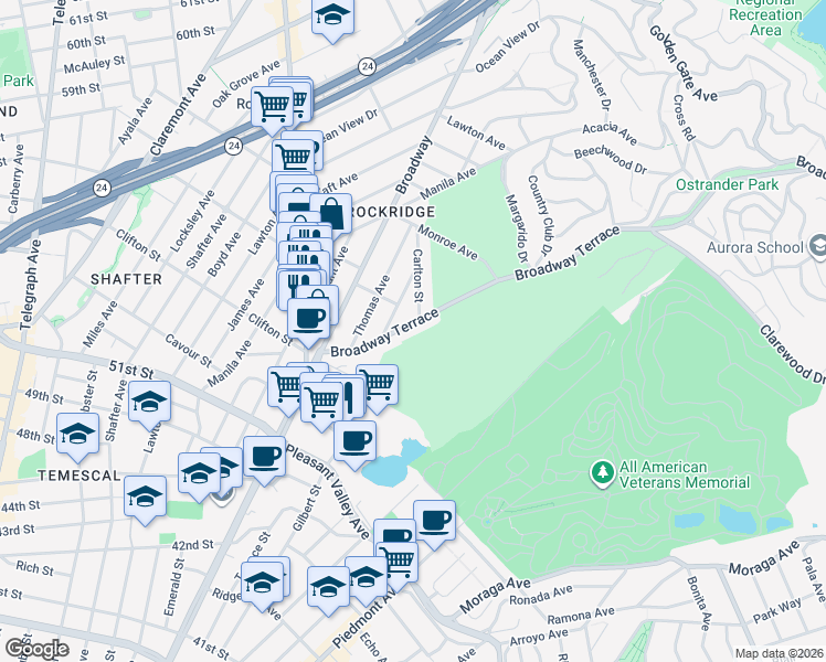 map of restaurants, bars, coffee shops, grocery stores, and more near 5335 Broadway Terrace in Oakland