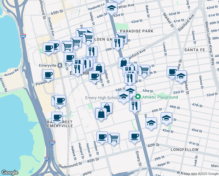 map of restaurants, bars, coffee shops, grocery stores, and more near 1229 55th Street in Emeryville