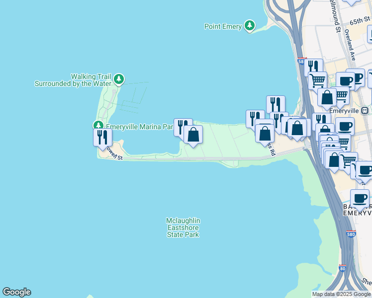 map of restaurants, bars, coffee shops, grocery stores, and more near 4 Anchor Drive in Emeryville