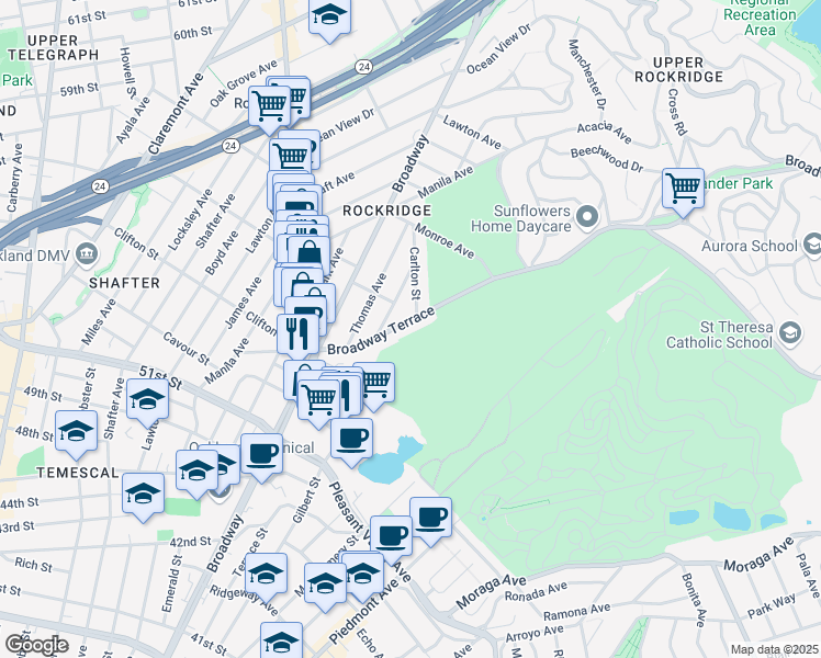 map of restaurants, bars, coffee shops, grocery stores, and more near in Oakland