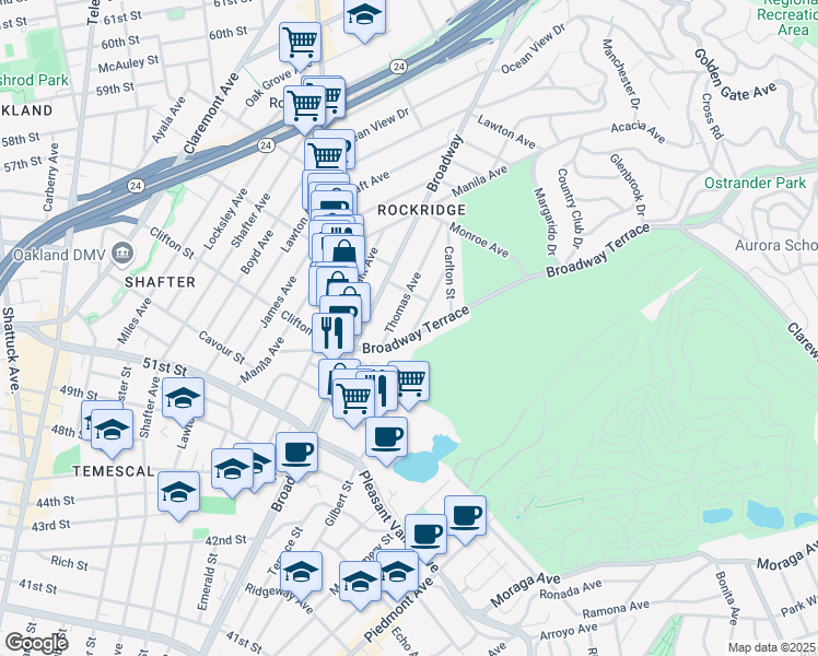 map of restaurants, bars, coffee shops, grocery stores, and more near 5279 Broadway Terrace in Oakland