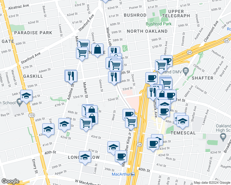 map of restaurants, bars, coffee shops, grocery stores, and more near 5217 West Street in Oakland