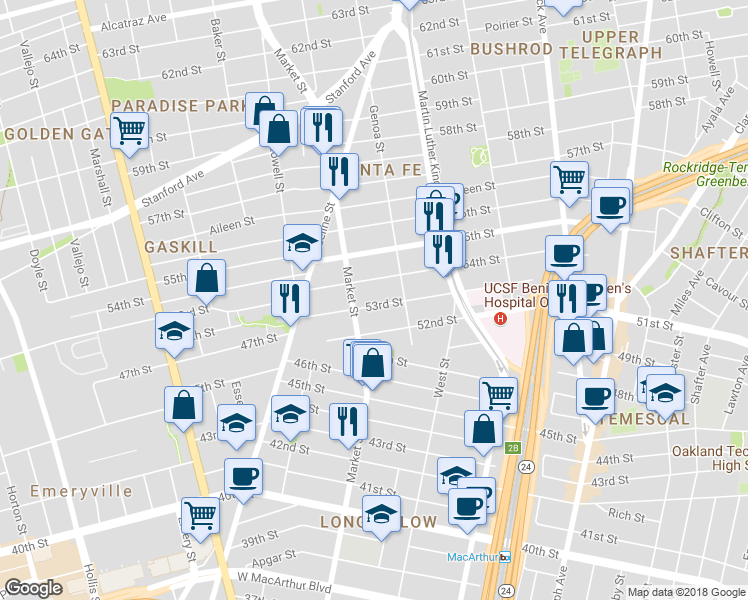 map of restaurants, bars, coffee shops, grocery stores, and more near 883 53rd Street in Oakland