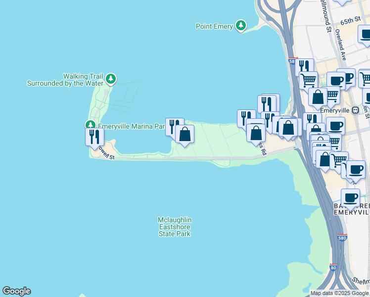 map of restaurants, bars, coffee shops, grocery stores, and more near 4 Anchor Drive in Emeryville