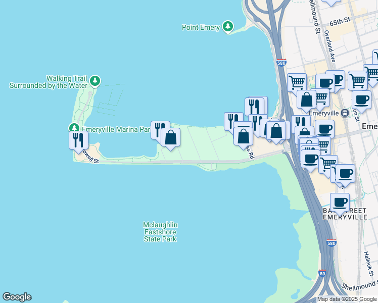 map of restaurants, bars, coffee shops, grocery stores, and more near 3 Commodore Drive in Emeryville