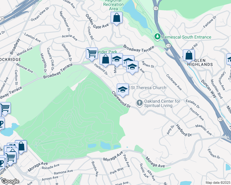 map of restaurants, bars, coffee shops, grocery stores, and more near 97 Clarewood Lane in Oakland
