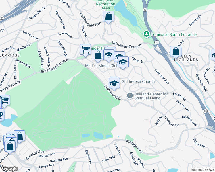 map of restaurants, bars, coffee shops, grocery stores, and more near 97 Clarewood Lane in Oakland