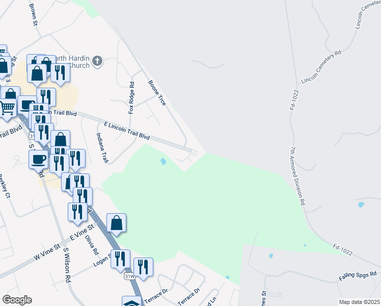 map of restaurants, bars, coffee shops, grocery stores, and more near 109 Kenton Court in Radcliff