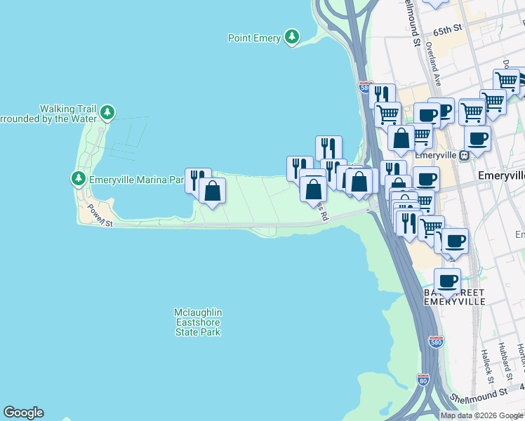 map of restaurants, bars, coffee shops, grocery stores, and more near 3 Captain Drive in Emeryville