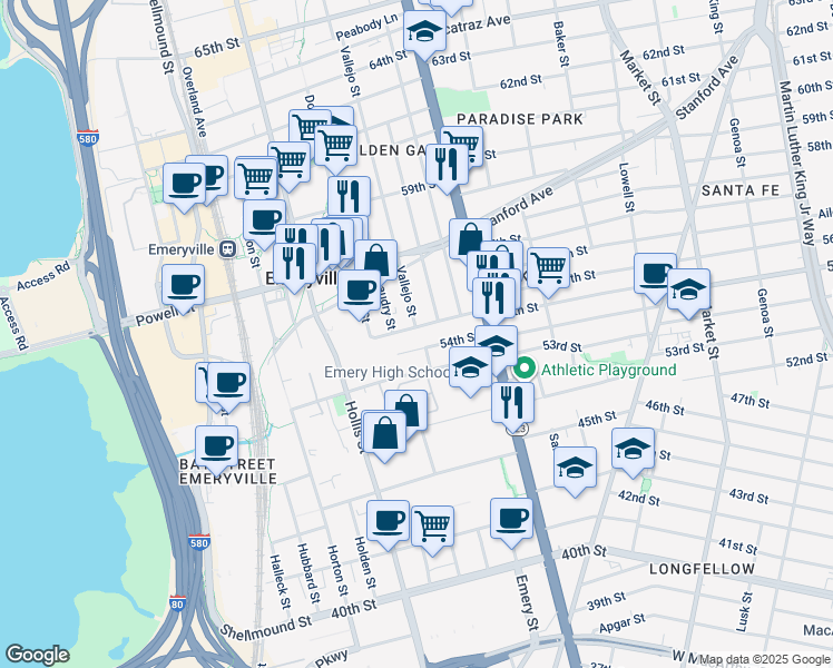 map of restaurants, bars, coffee shops, grocery stores, and more near 1229 55th Street in Emeryville